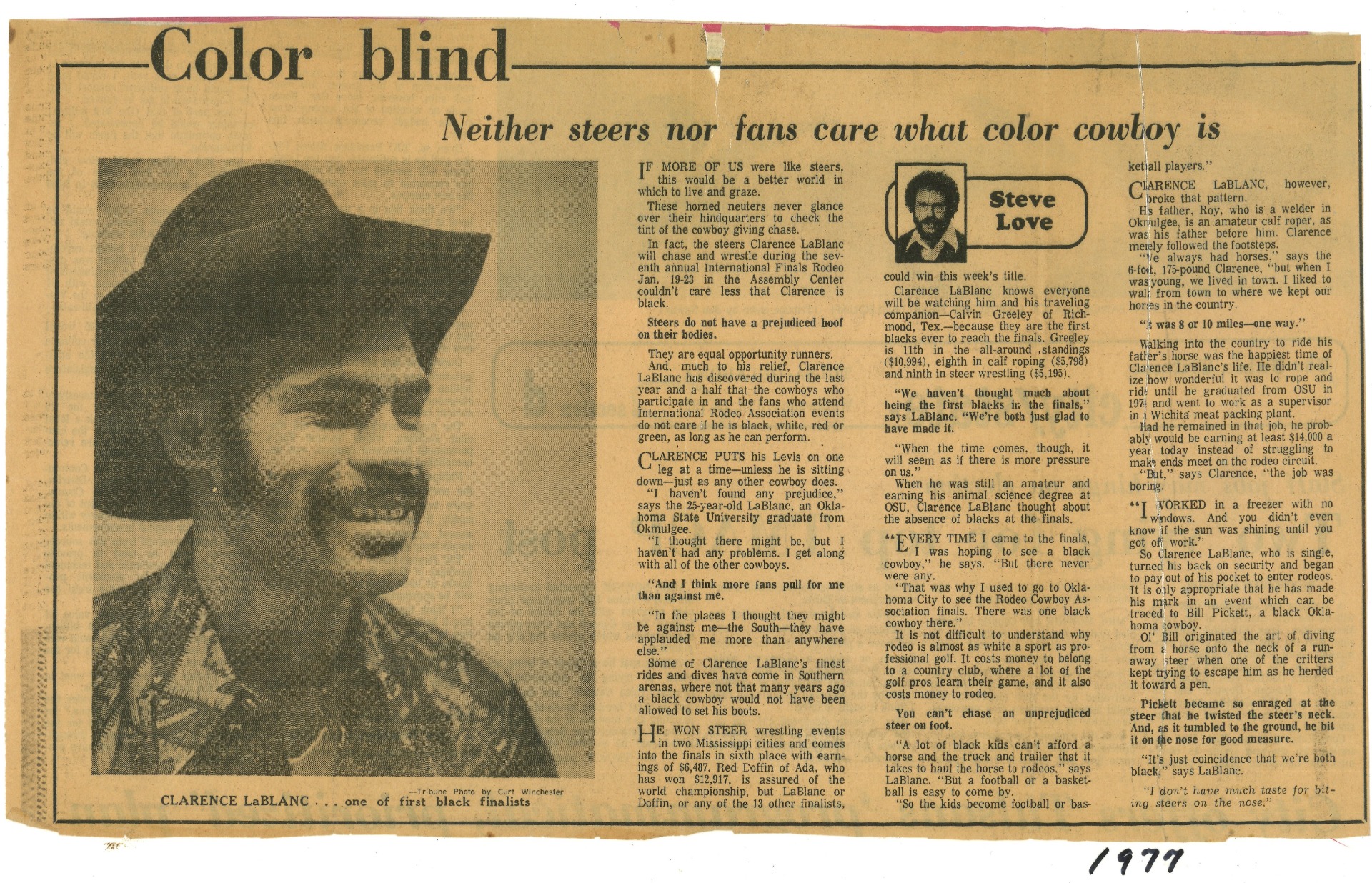 Newspaper article scan courtesy of Clarence LeBlanc and Oklahoma Cowboys; photo caption reads: Clarence LeBlanc... one of the first black finalists.